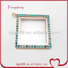 popular fashion stainless steel gold plated square magnetic glass locket pendant set with sapphire